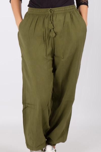 Pantalon bouffant ethnique en coton léger vert kaki uni