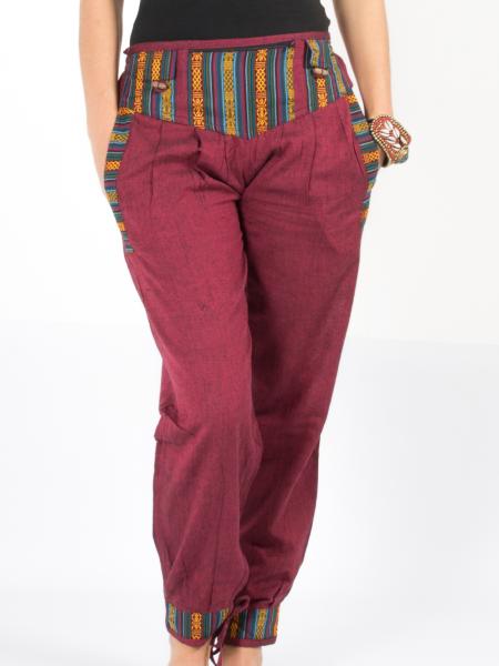 Pantalon bordeaux coton brodé motif népalais