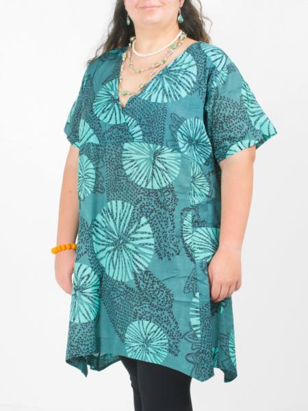 Tunique manches couvrantes turquoise à motif tropical