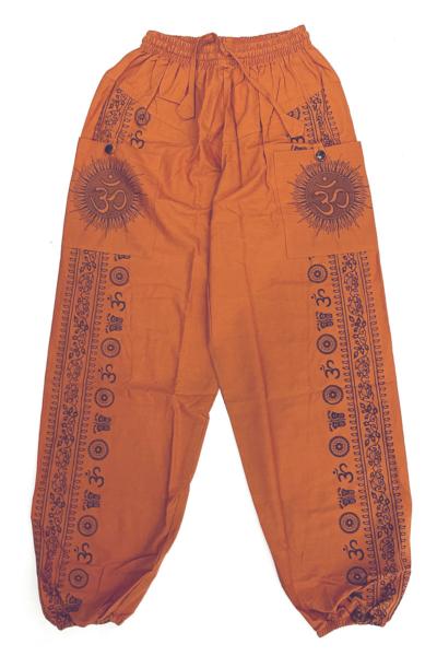 Pantalon bouffant orange à frise ethnique et motif Om latéral