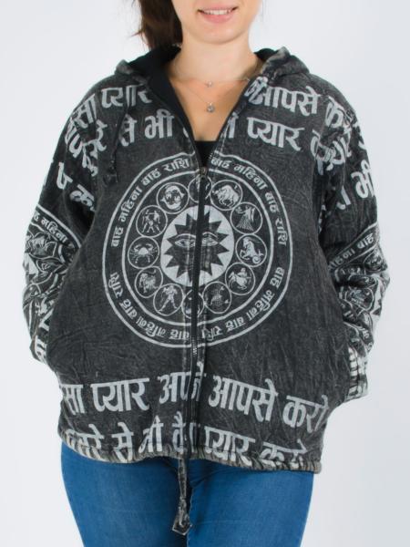 Gilet à capuche noir à motif signes du zodiaque sanskrit