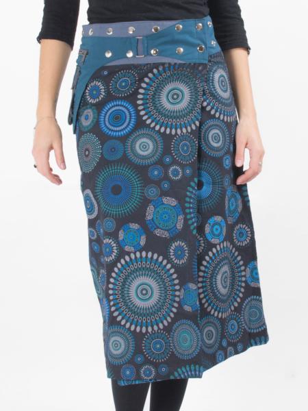 Jupe midi en coton bleu pétrole à motif de mandala