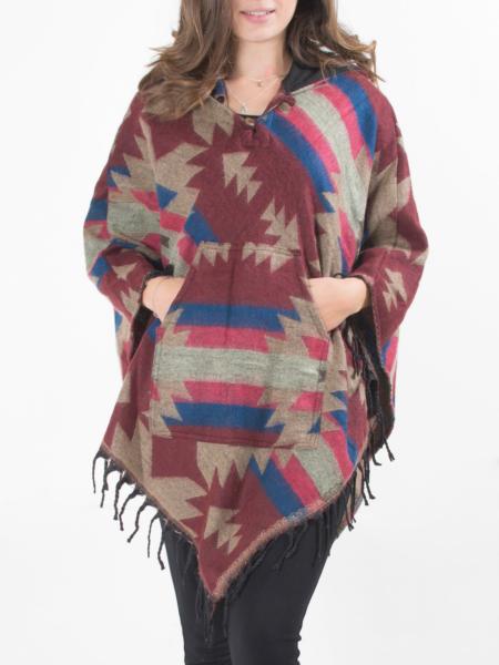 Poncho à capuche rose au motif mexicain en laine