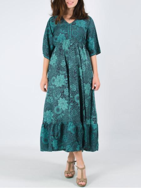 Robe longue fleurie bohème chic à manche ample verte