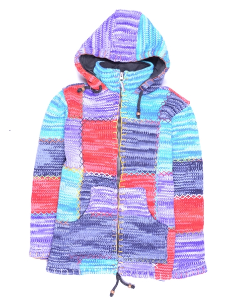 Veste en patchworks turquoise, violet et rouge en laine