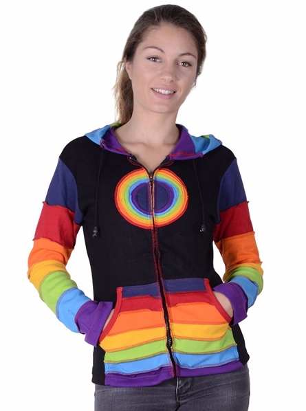 Gilet noir/rainbow à capuche lutin en coton népalais