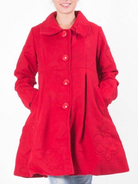 Manteau long rouge féminin au style rétro à fleurs brodées