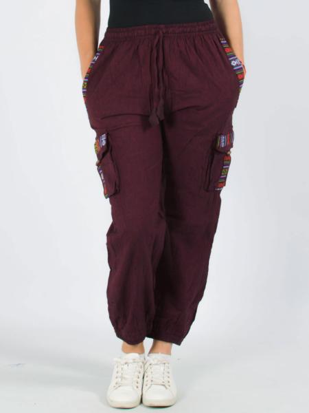 Pantalon ethnique unisexe bordeaux coton motif népalais