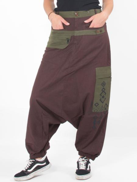 Pantalon sarouel slim marron et kaki à motif tribal