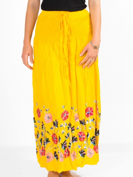 Jupe longue jaune convertible à broderie motif fleurs russes