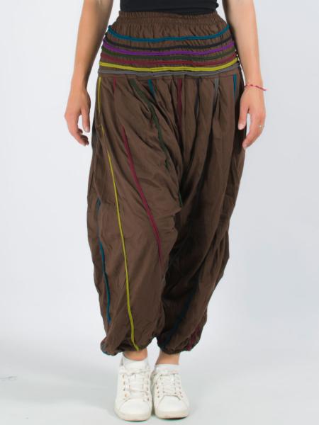 Pantalon sarouel marron extensible à rayures multi-couleurs