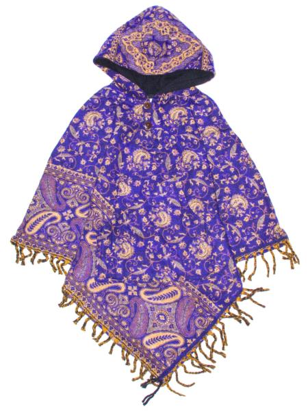 Poncho à capuche enfant bleu motif cachemire en laine