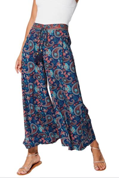 Pantalon fluide ample imprimé paisley bleu à ceinture élastique