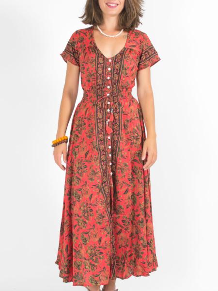 Robe longue cintrée féminine rouge à motif imprimé floral