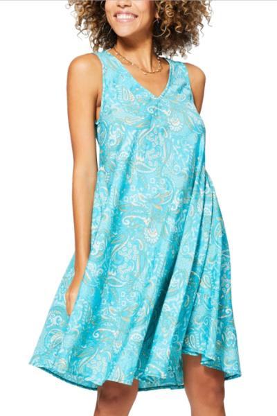 Robe fluide chic sans manche à motif ethnique turquoise