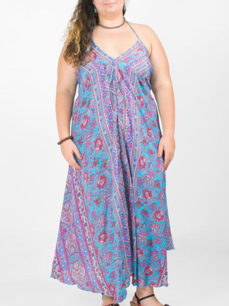 Robe longue dos nu en soie colorée à motif paisley bleu turquoise