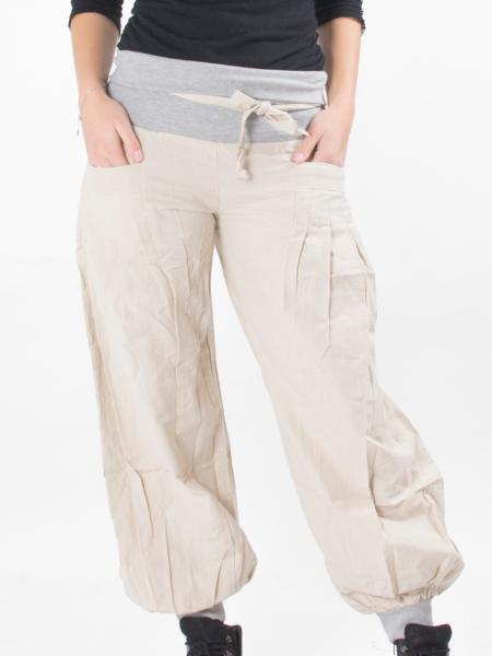 Pantalon bouffant beige en coton ceinture façon thaï