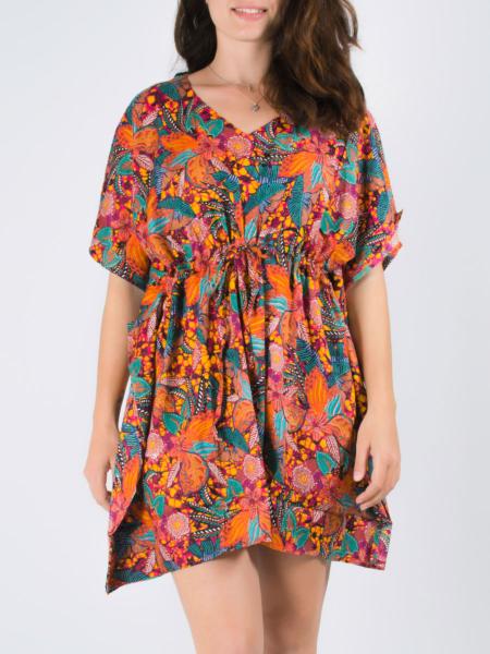 Robe courte style kaftan imprimé wax ethnique orange