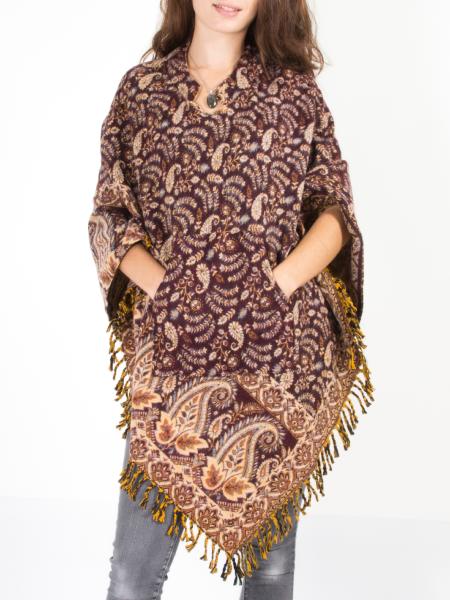 Poncho réversible rouge bordeaux au motif cachemire dorée