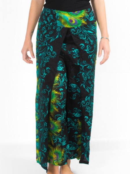 Pantalon fendu devant ample à motif plume de paon noir turquoise