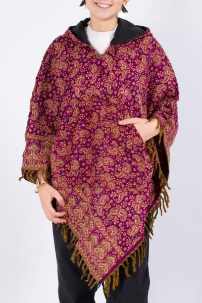 Poncho à capuche rose à grand motif cachemire en laine