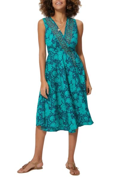 Robe fluide portefeuille sans manche motif floral turquoise