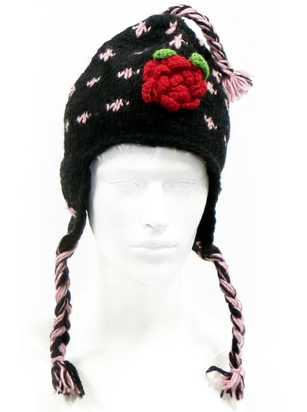 Bonnet noir et rose avec rose détachable