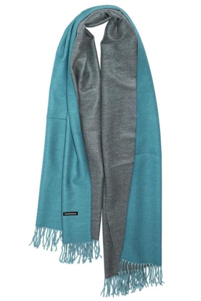 Grande écharpe en cachemire à franges bicolore bleu vert gris