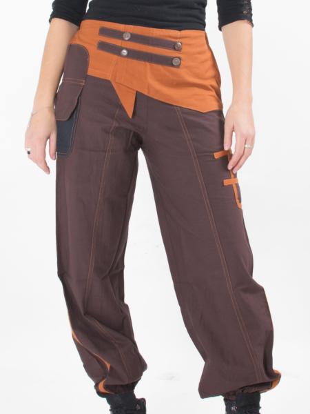 Pantalon bouffant marron à ceinture double bride