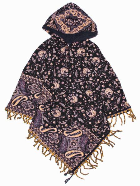 Poncho à capuche enfant noir motif cachemire en laine