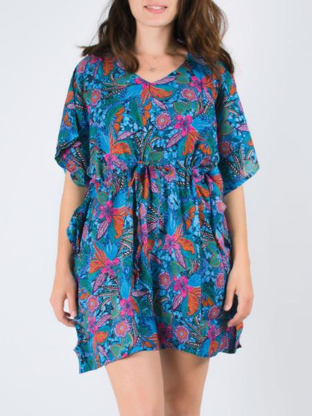 Robe courte style kaftan imprimé wax ethnique bleu