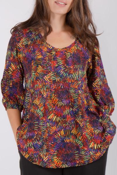 Blouse ample à manches bouffantes et motif multicolore