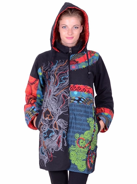 Manteau à capuche à broderie multicolore et patchwork