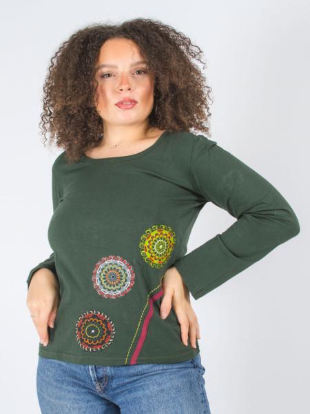 T-shirt vert kaki manches longues à broderie mandala