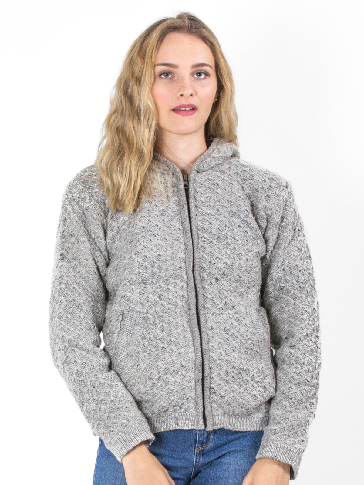 Veste en laine grise à capuche motif losange doublée polaire