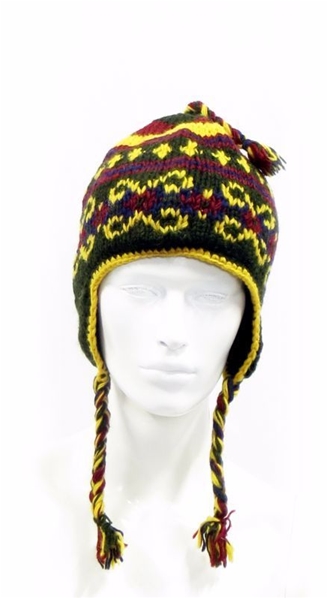 Bonnet en laine kaki look péruvien aux motifs colorés