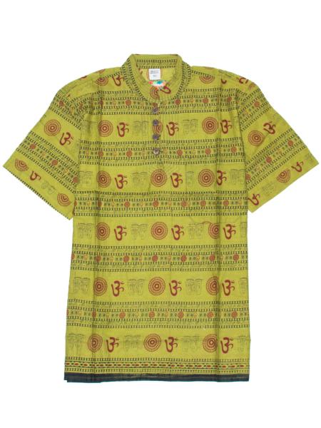 Chemise col mao manche courte vert kaki Om sanskrit