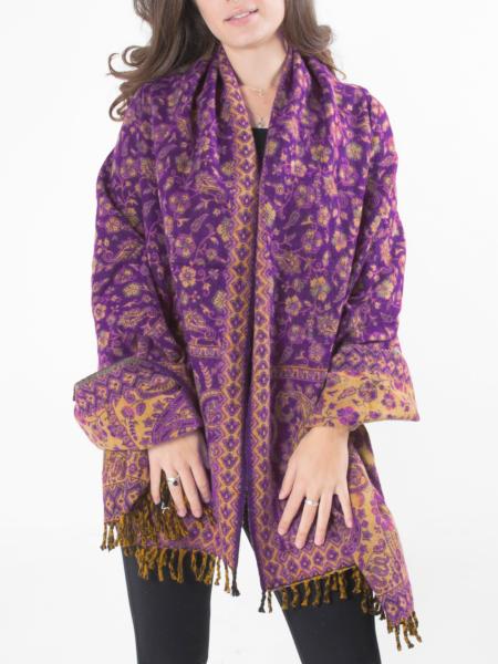 Grande écharpe en pure laine violette à motif cachemire