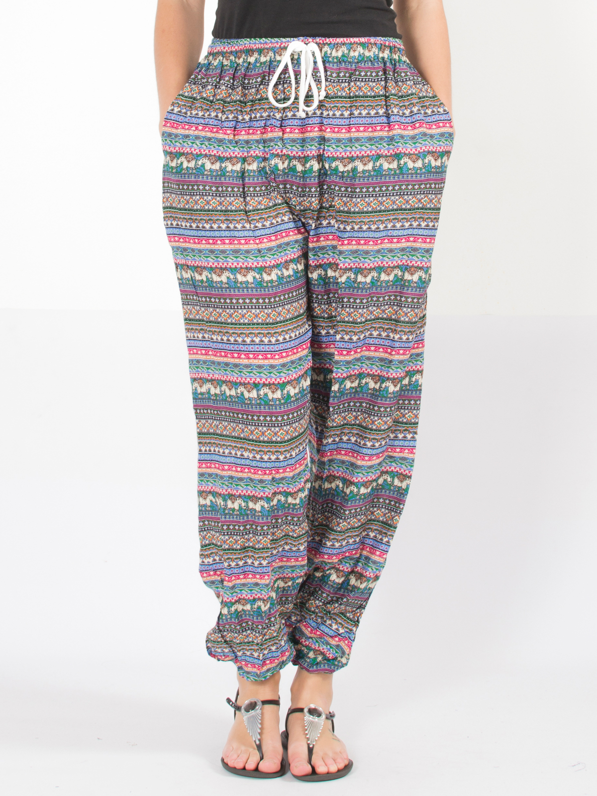 Pantalon bouffant léger multicolore à petit motif thaï 