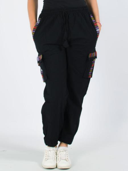 Pantalon ethnique unisexe noir coton brodé motif népalais