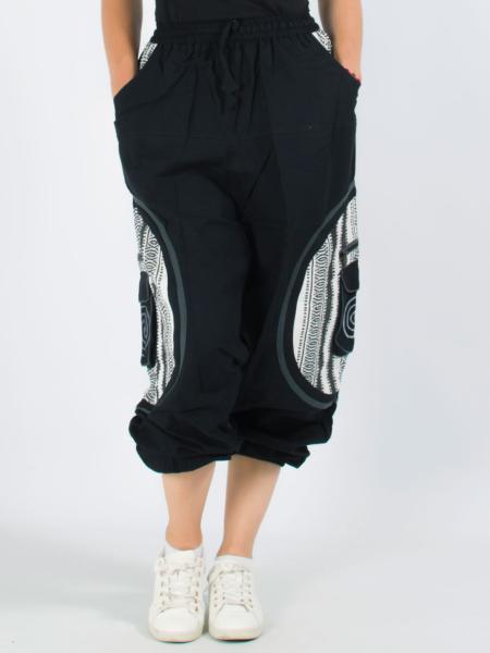 Pantalon sarouel noir motif tissage traditionnel et spirale