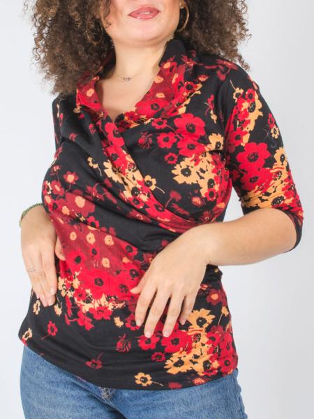 T-shirt cache-coeur noir rouge imprimé fleurs d'automne