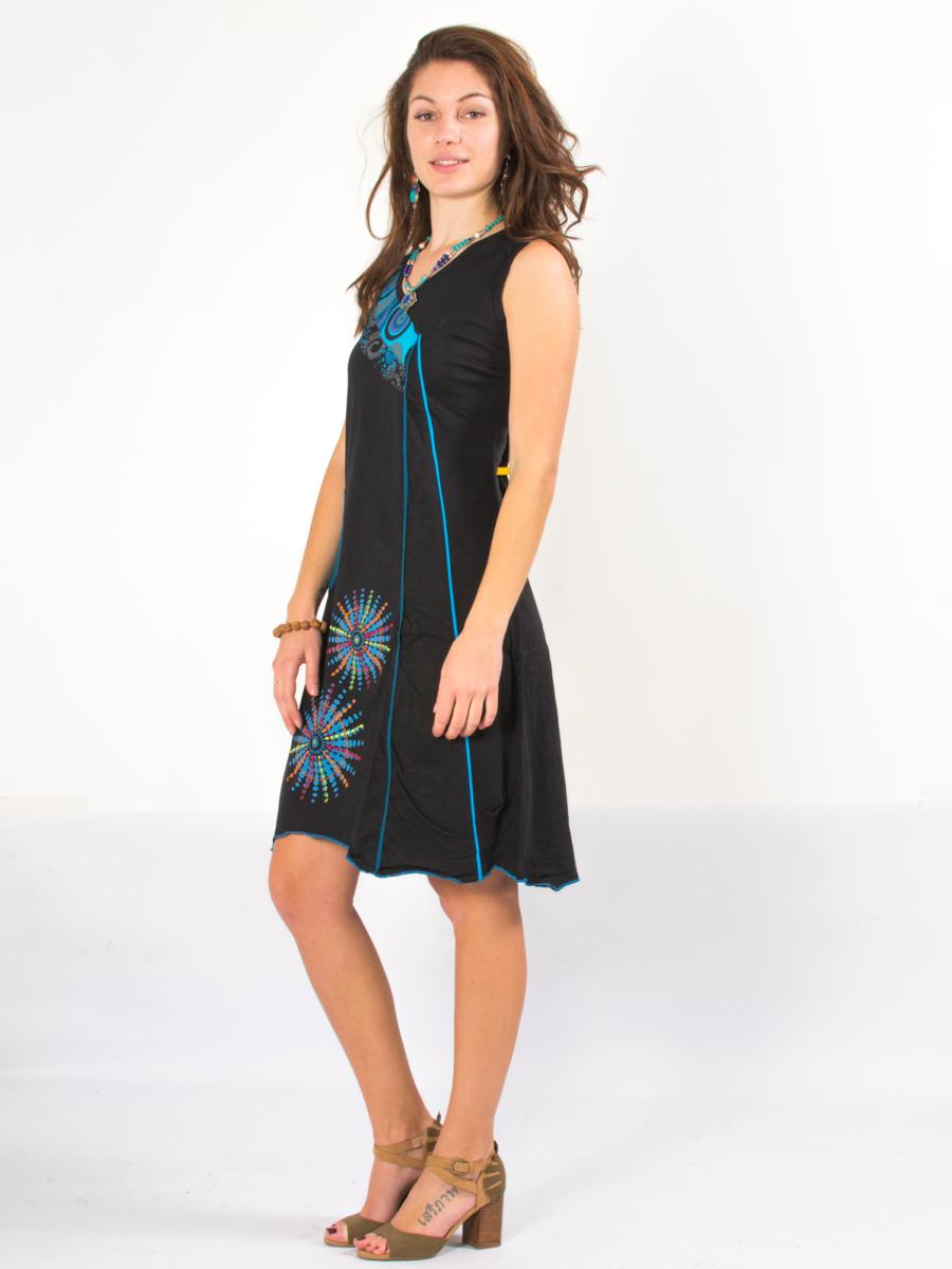 Robe noire bleue turquoise motifs rétro Mode ethnique