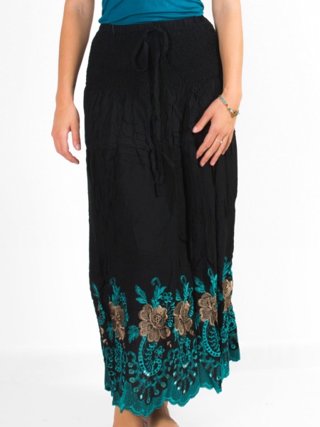 Jupe longue noire convertible à broderie motif fleuri ajouré