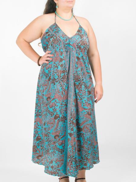 Robe longue dos nu colorée en soie fleurie bleu pétrole