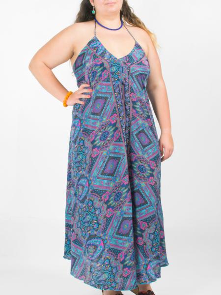 Robe longue dos nu en soie colorée à motif paisley bleu violet