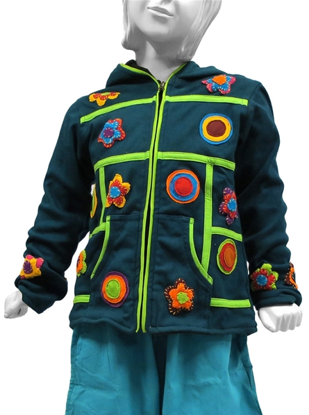Sweat zippé bleu pétrole patchworks fleurs et ronds