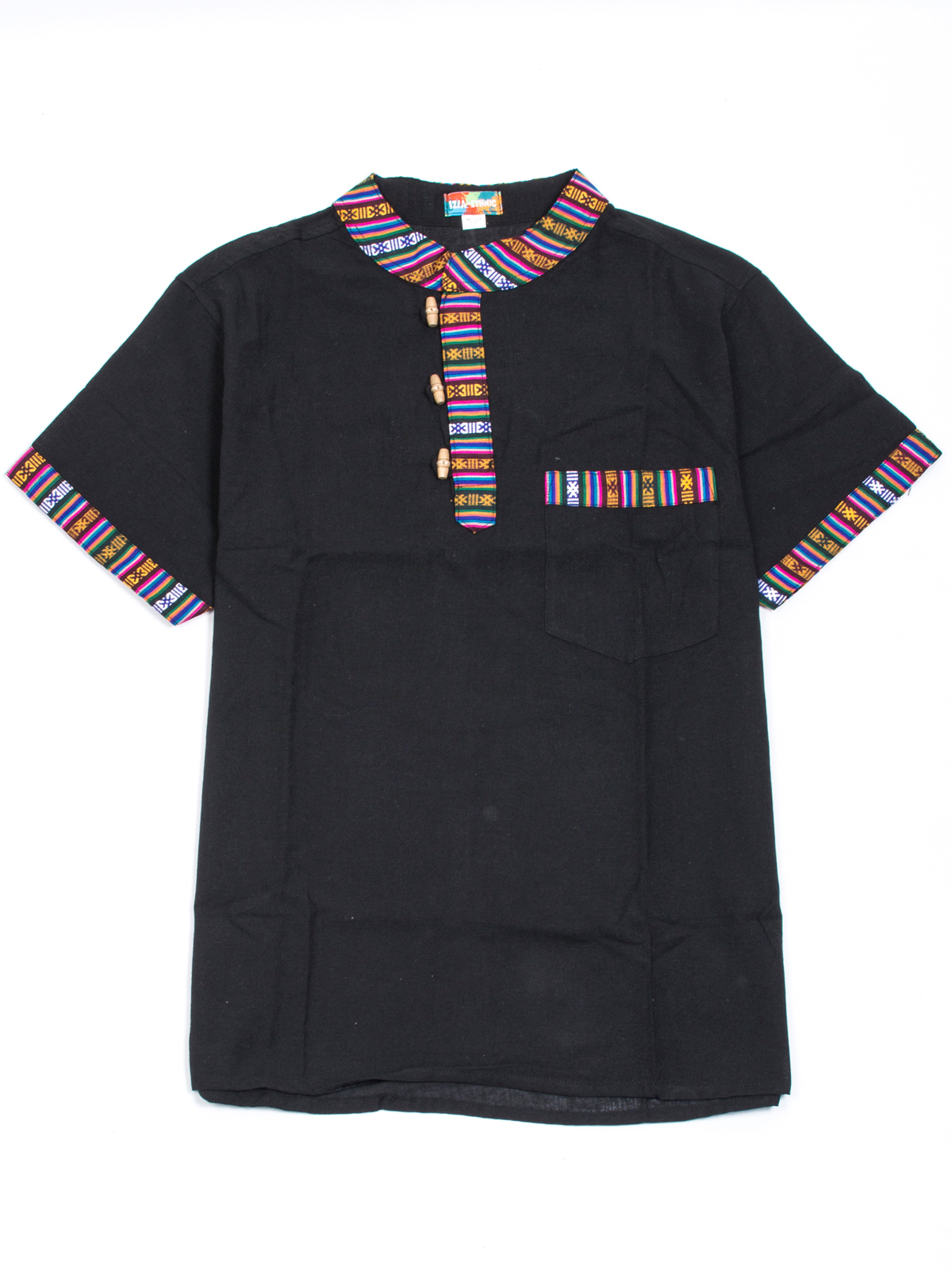 Chemise col mao manche courte noire motif Népalais