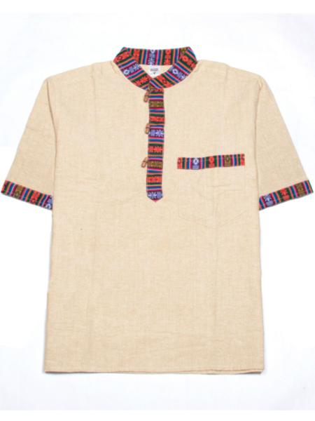 Chemise col mao manche courte beige motif Népalais