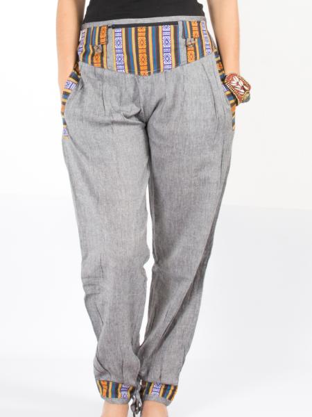 Pantalon gris coton brodé motif népalais